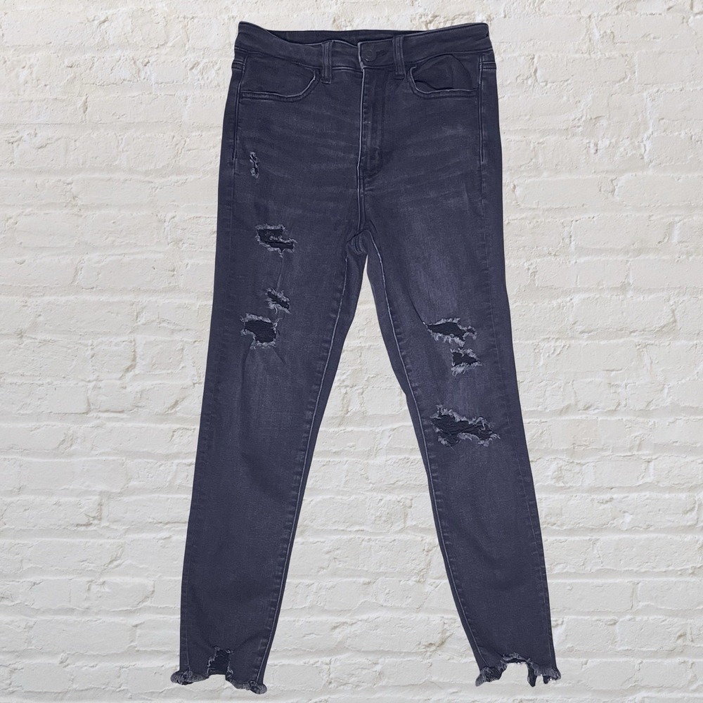 American Eagle Next Level Stretch Hi Rise Jeans Jegging Size 8 Black Ripped Goth